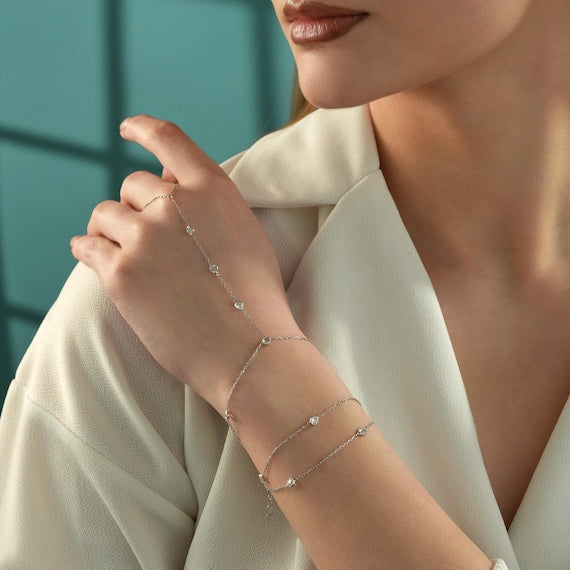 Gold CZ Tennis Hand Chain Bracelet